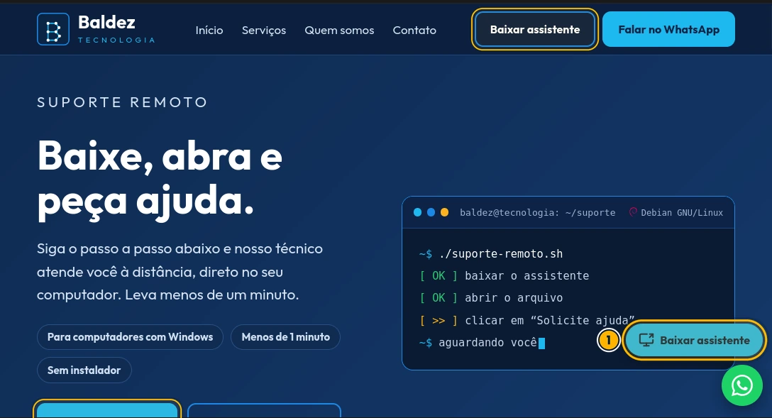 Página de suporte da Baldez com o botão Baixar assistente destacado em amarelo, no topo da página, no canto da tela e no início do conteúdo