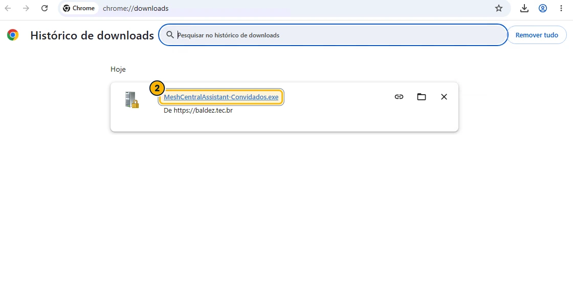 Histórico de downloads do Chrome com o arquivo MeshCentralAssistant-Convidados.exe destacado em amarelo