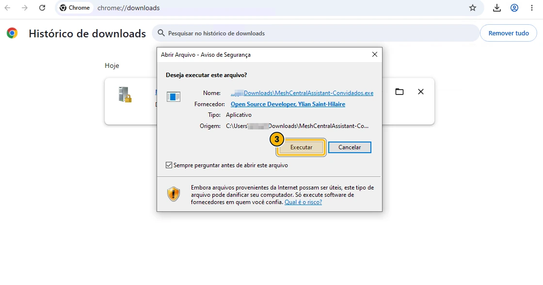 Aviso de segurança do Windows perguntando se deseja executar o arquivo, com o botão Executar destacado em amarelo