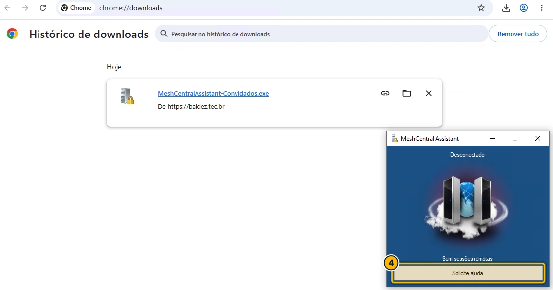 Janela do MeshCentral Assistant aberta, com o botão Solicite ajuda destacado em amarelo