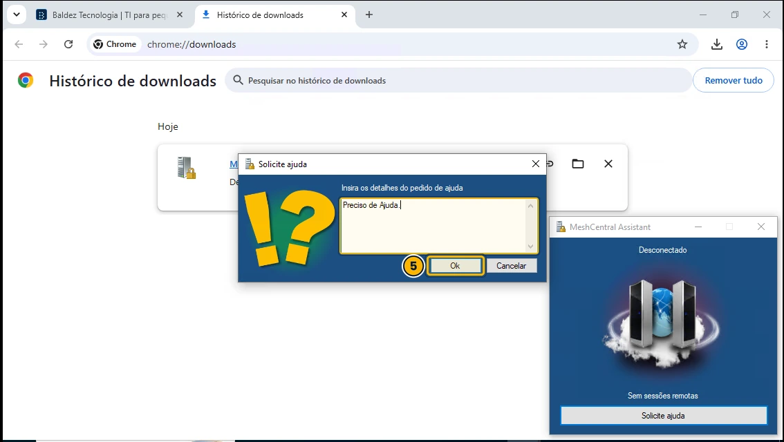 Janela Solicite ajuda com o campo de texto do problema e o botão OK destacado em amarelo